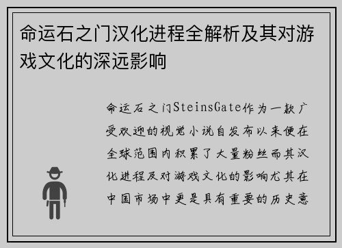 命运石之门汉化进程全解析及其对游戏文化的深远影响 命运石之门汉化进程全解析及其对游戏文化的深远影响