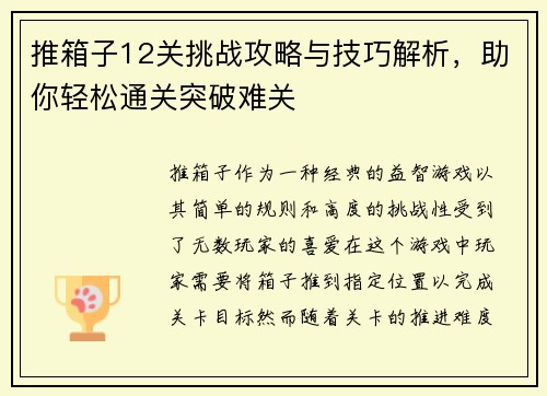 推箱子12关挑战攻略与技巧解析，助你轻松通关突破难关